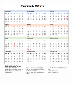 Turkey 2026 Calendar With Holidays