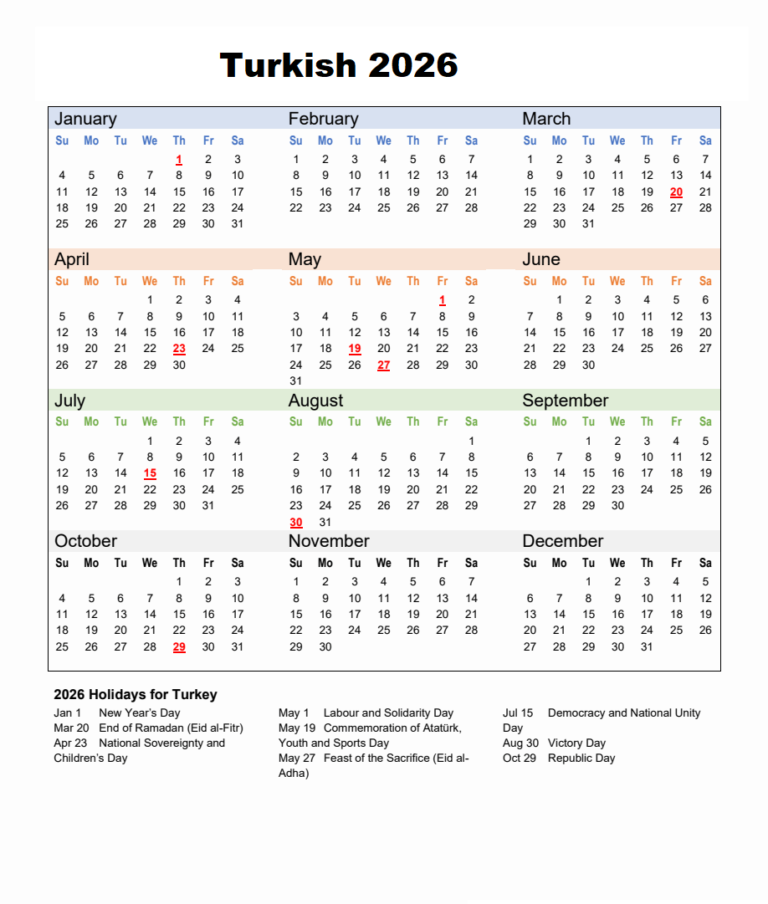 Printable Blank Turkish 2026 Calendar with Holidays [PDF]