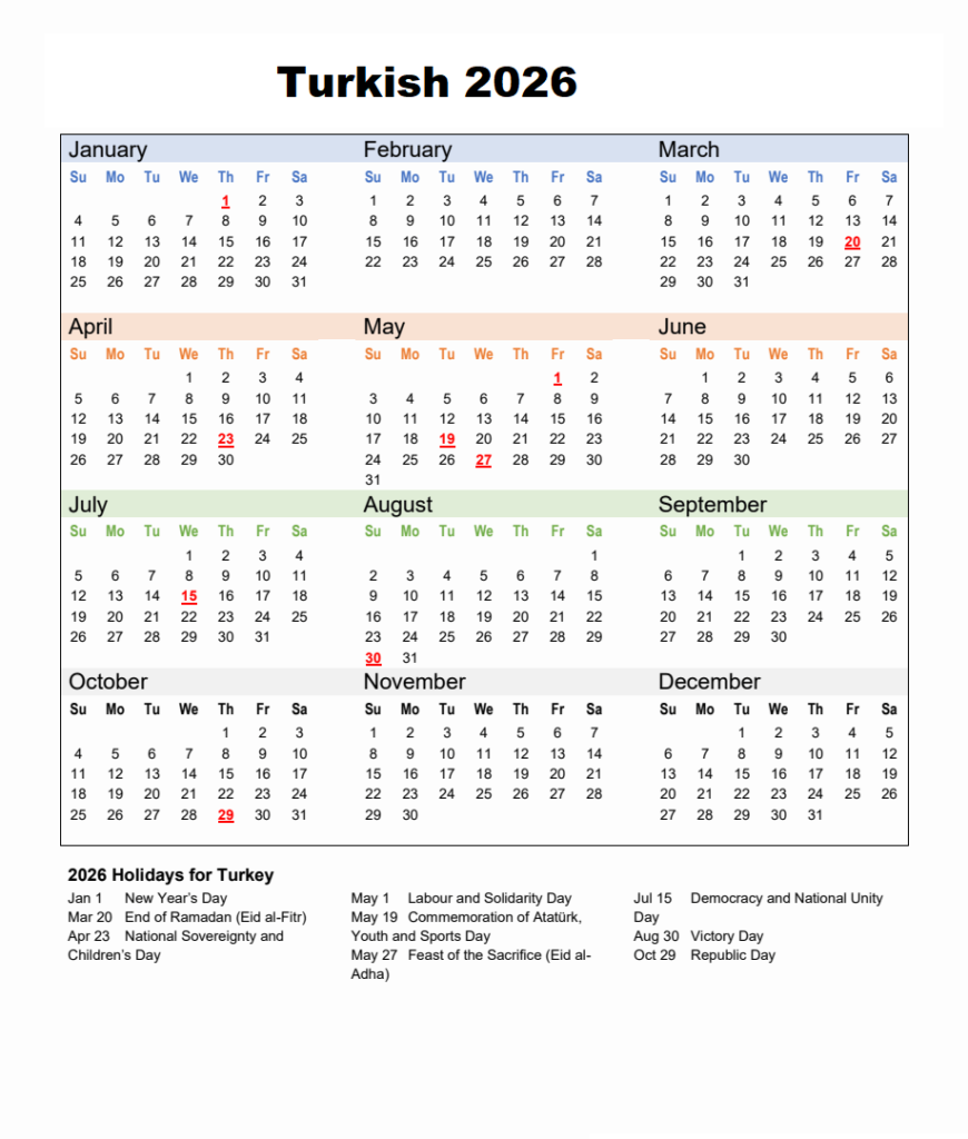 Turkey 2026 Calendar With Holidays