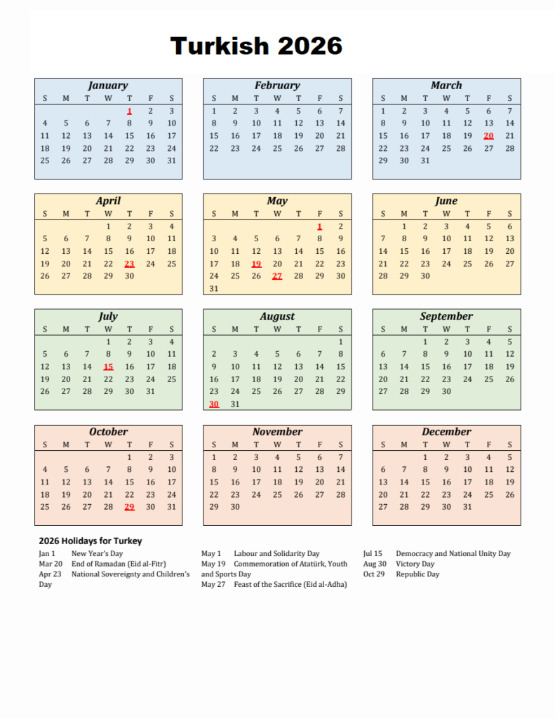 Turkish 2026 Calendar