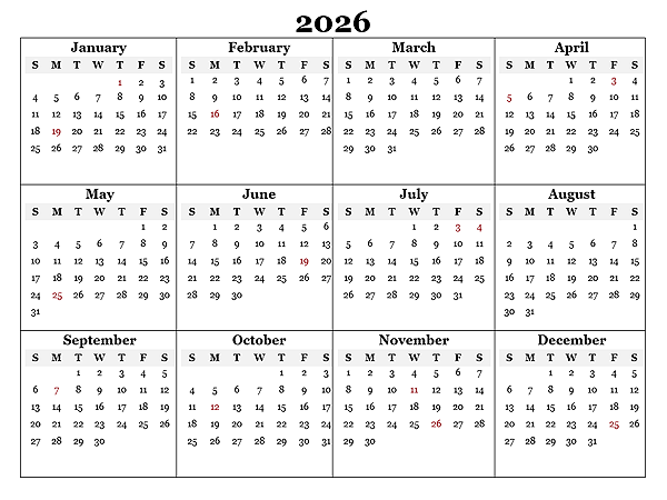 Turkish 2026 Calendar Printable