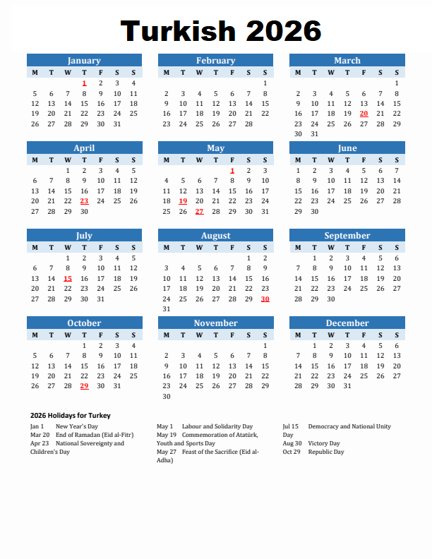 Turkish 2026 Printable Calendar