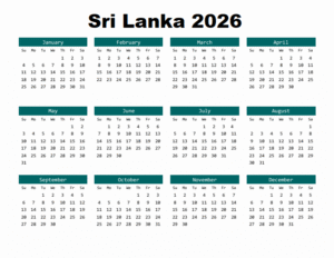 Yearly Calendar 2026 Sri Lanka
