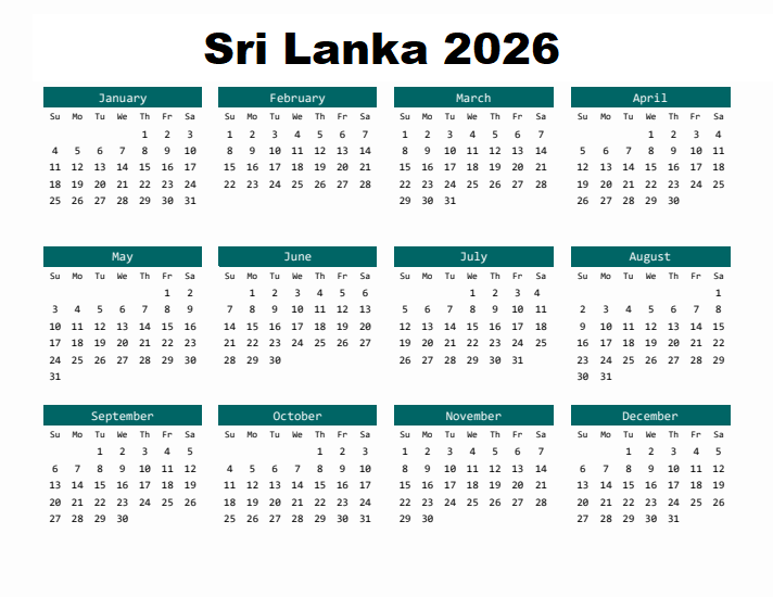Yearly Calendar 2026 Sri Lanka