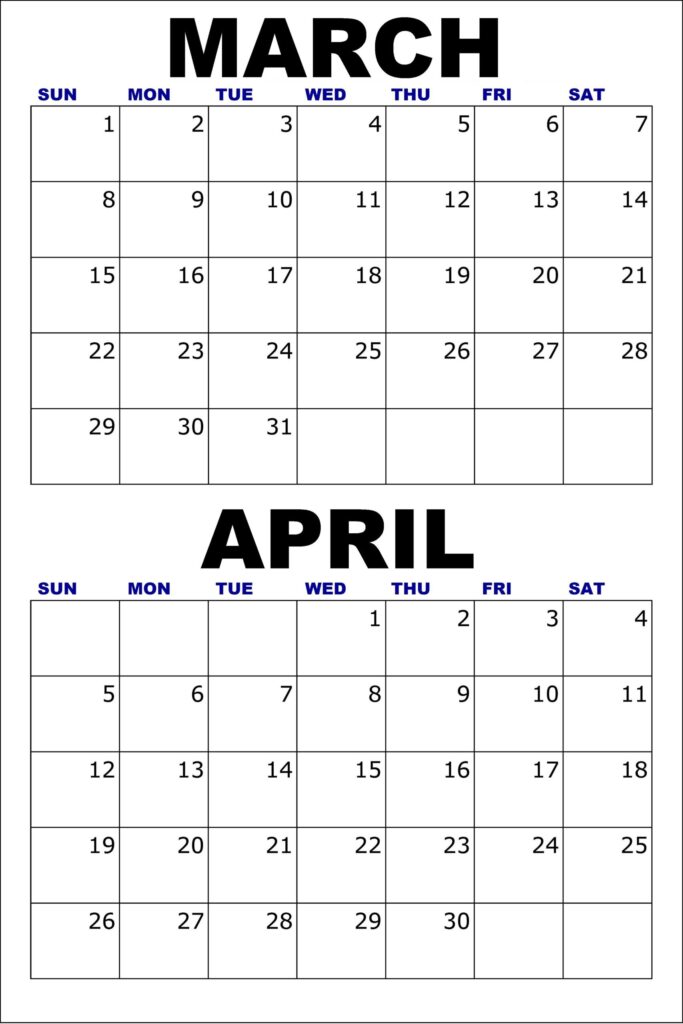 2 Months Calendar March April 2026
