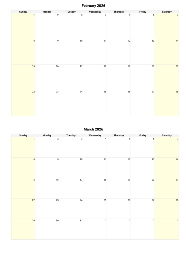 February March 2026 Calendar