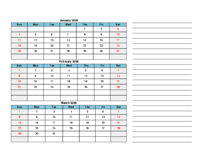 Jan Feb and March 2026 Calendar