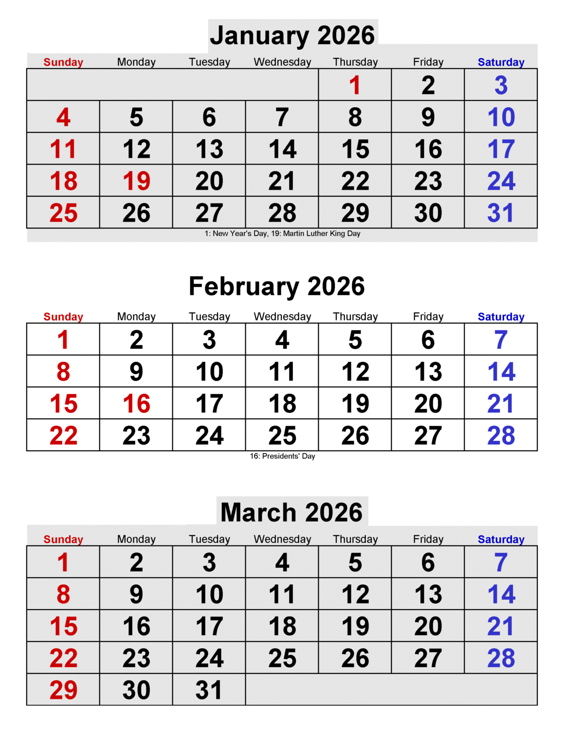 January, February, and March 2026 Calendar