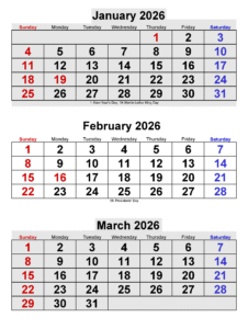 January, February, and March 2026 Calendar