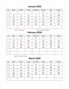 January, February, and March Calendar