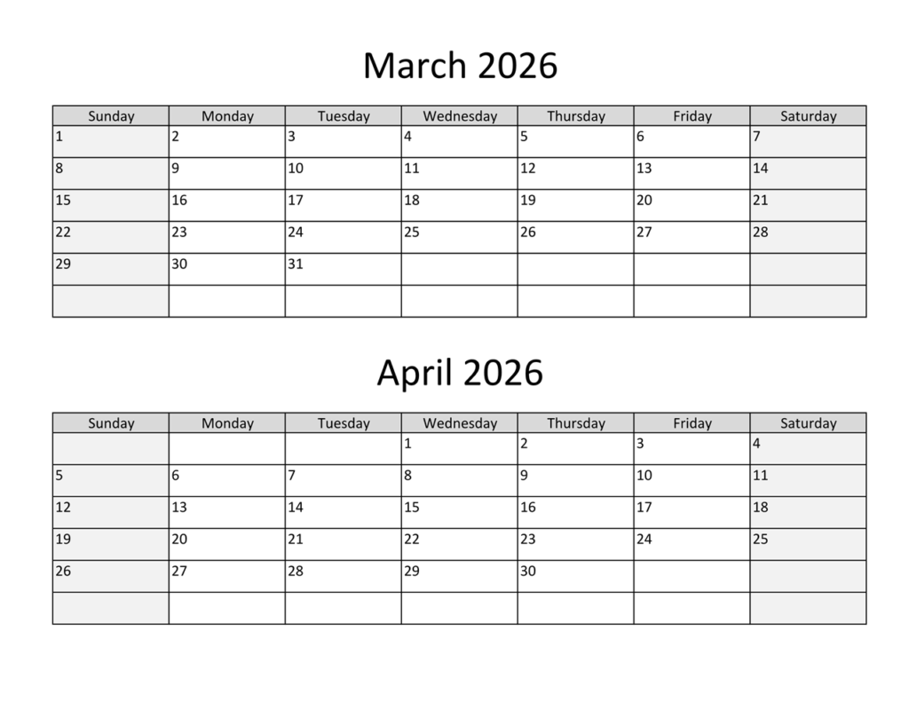 March April 2026 Blank Calendar