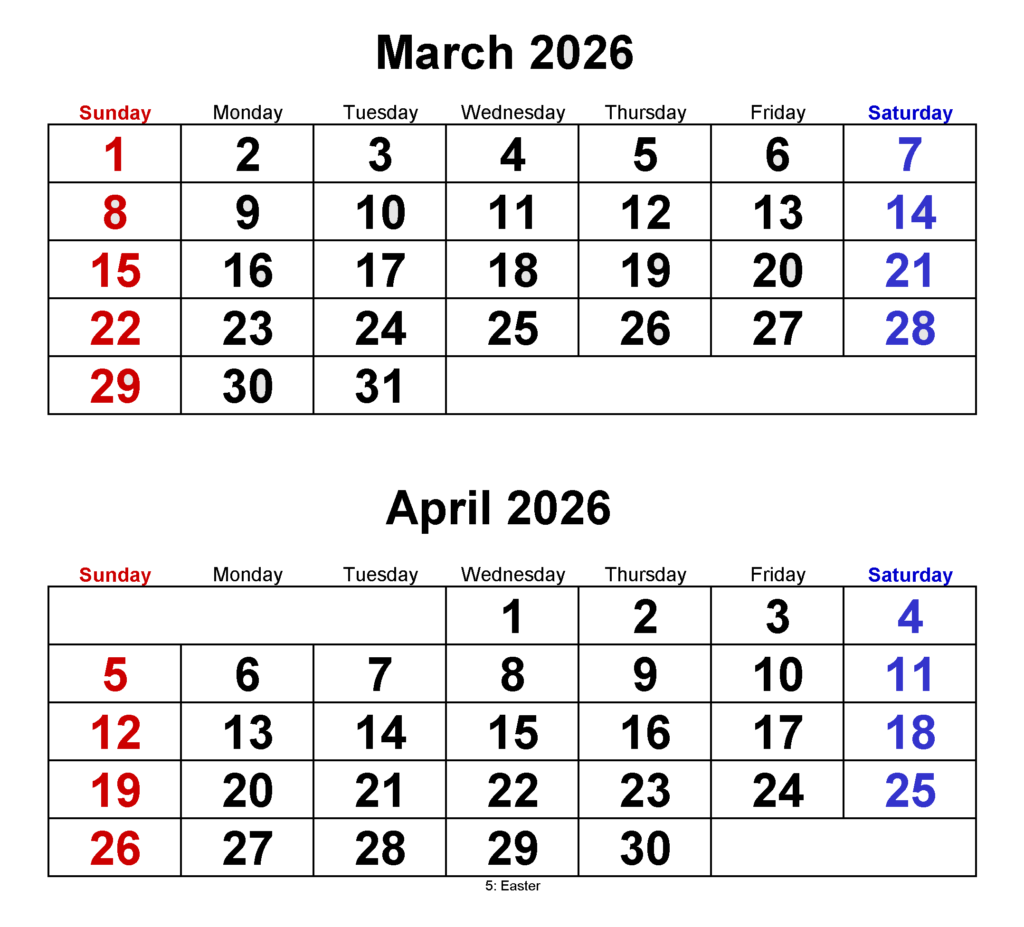 March April Calendar 2026