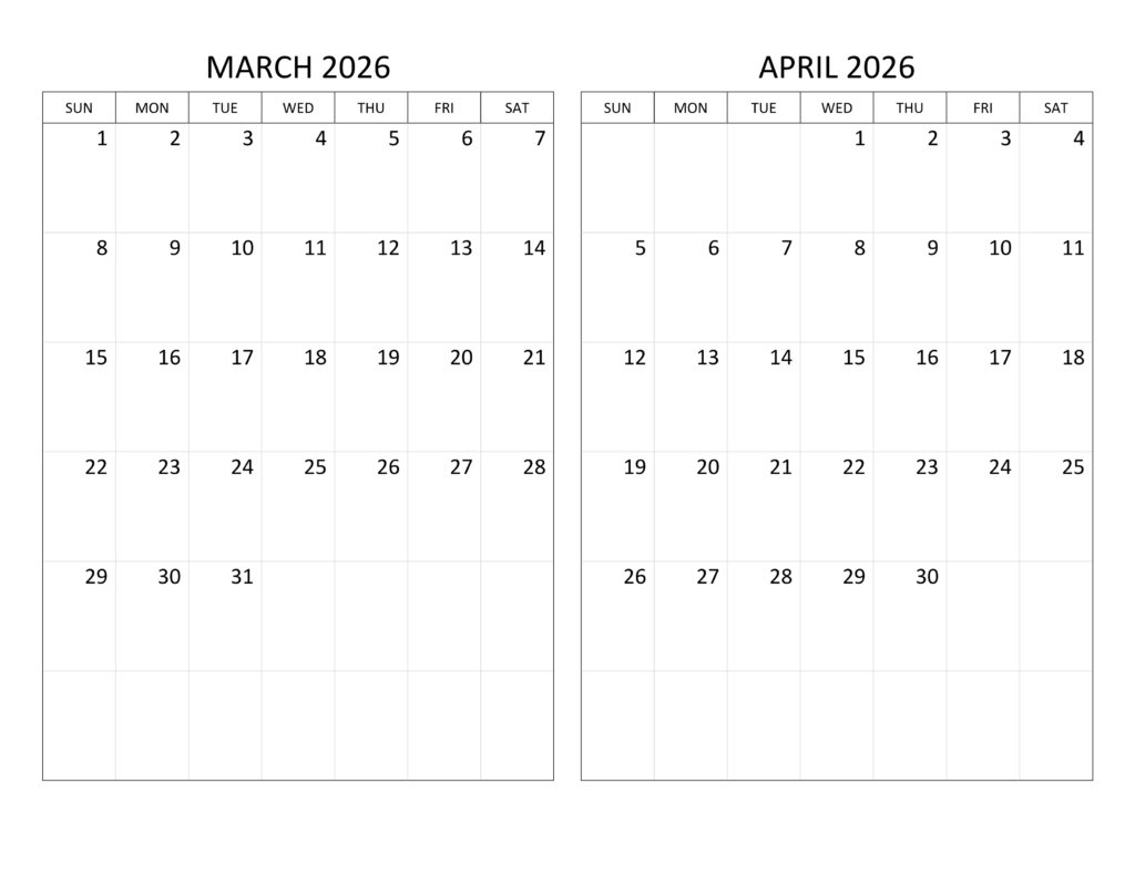 March and April 2026 Calendar
