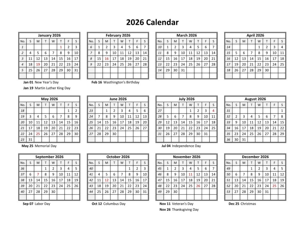 Free Yearly 2026 Calendar Printable