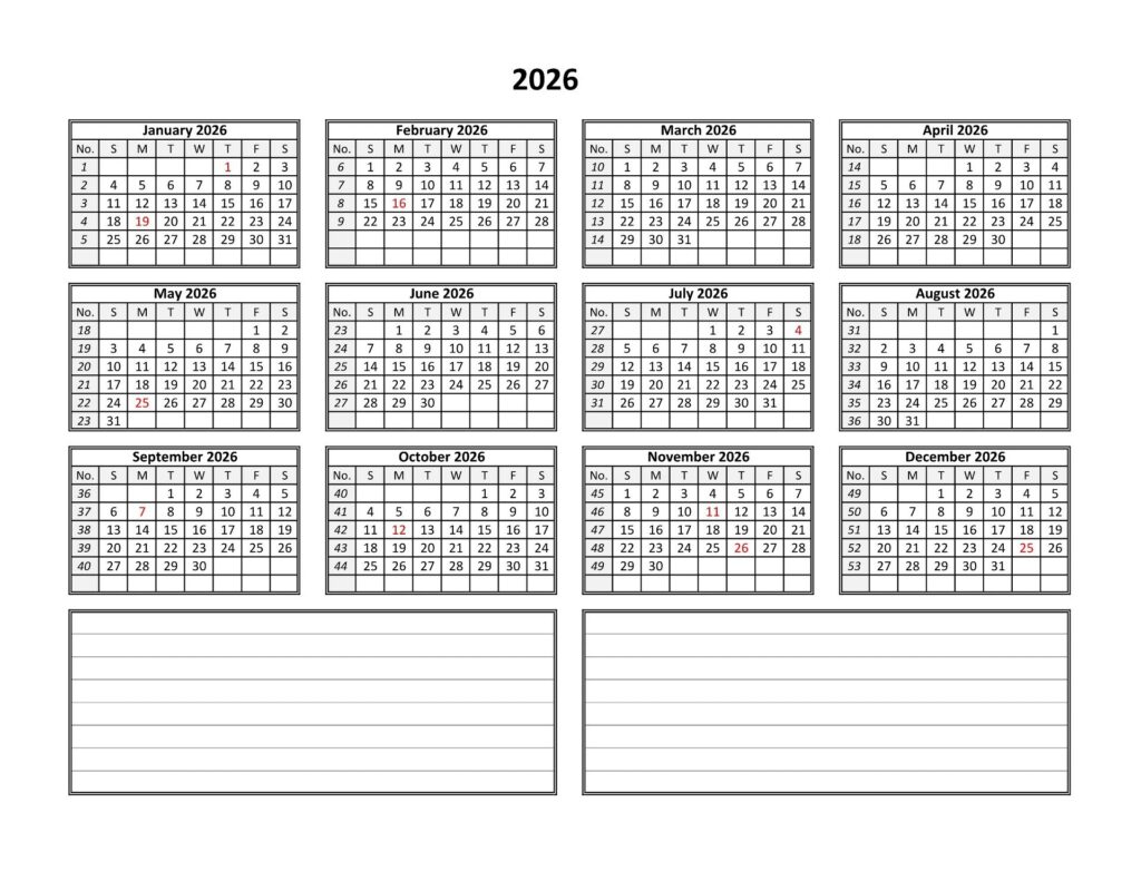 Free Yearly 2026 Calendar Template
