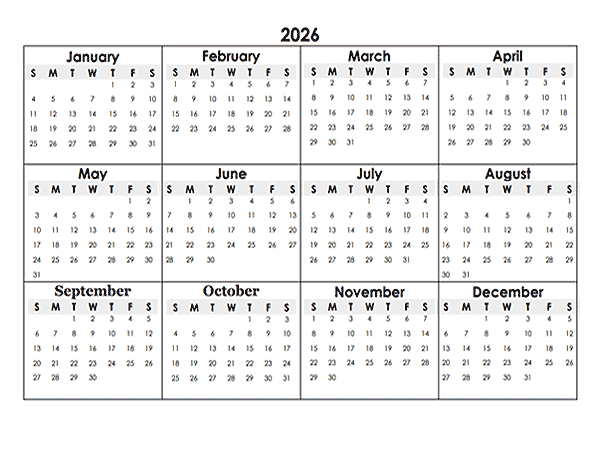 Printable Calendar 2026 Template