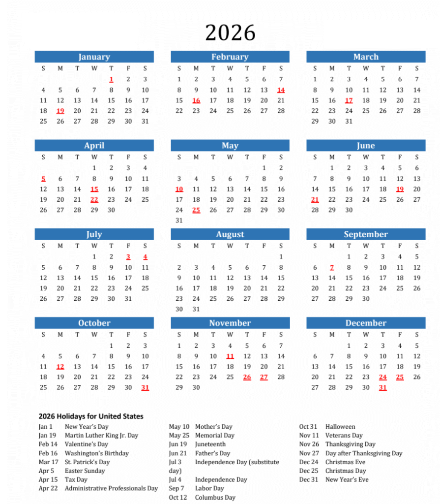 Printable Calendar 2026 with Holidays