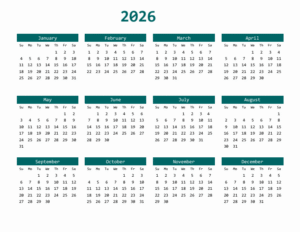 Printable Calendar 2026 with Month