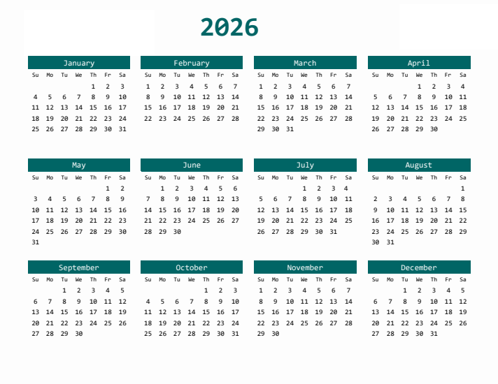 Printable Calendar 2026 with Month