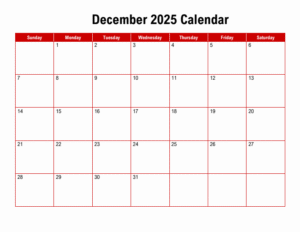 2026 December Calendar Template
