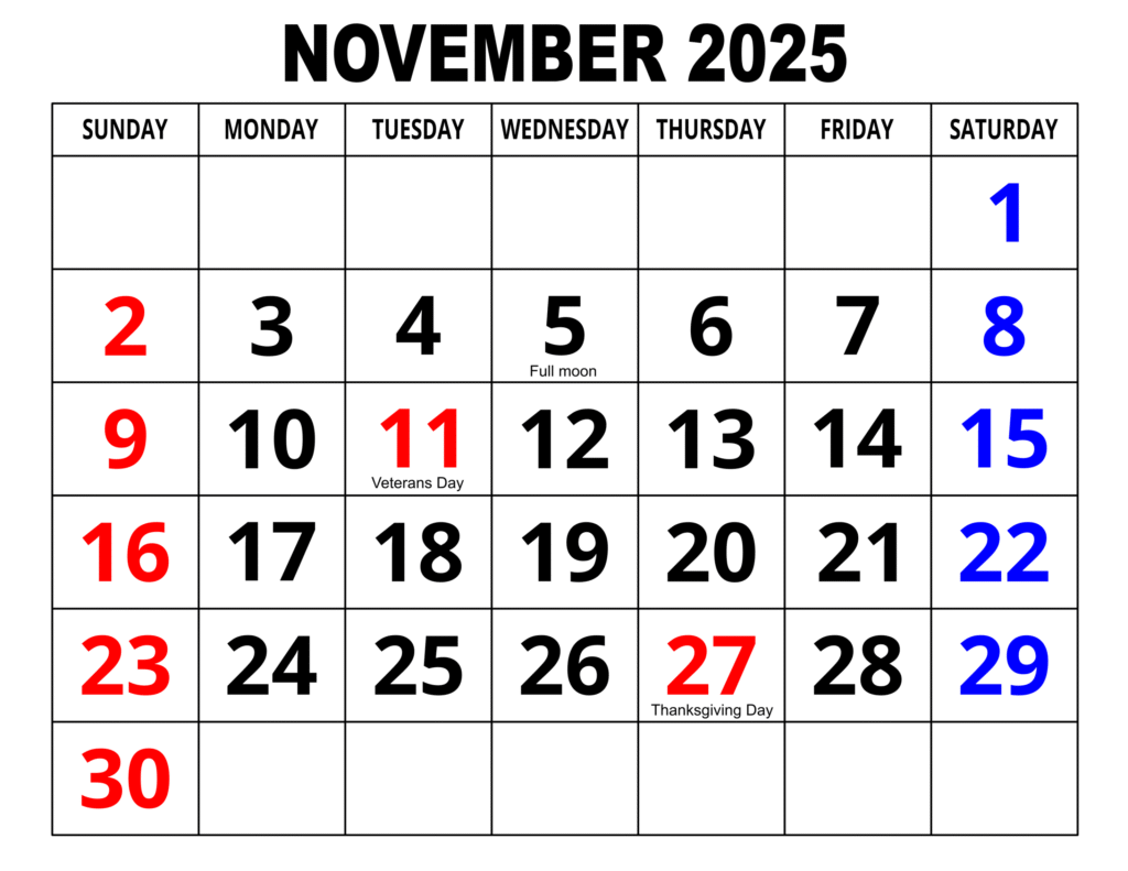 November 2025 Calendar With Holidays