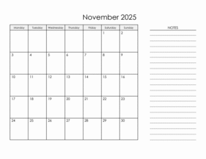 November 2025 Calendar Word & Excel