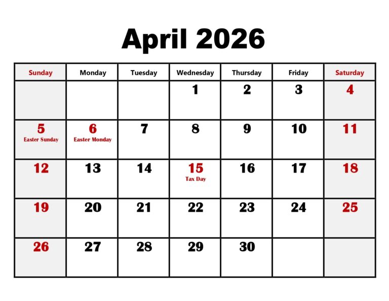 April 2026 Calendar with Holidays