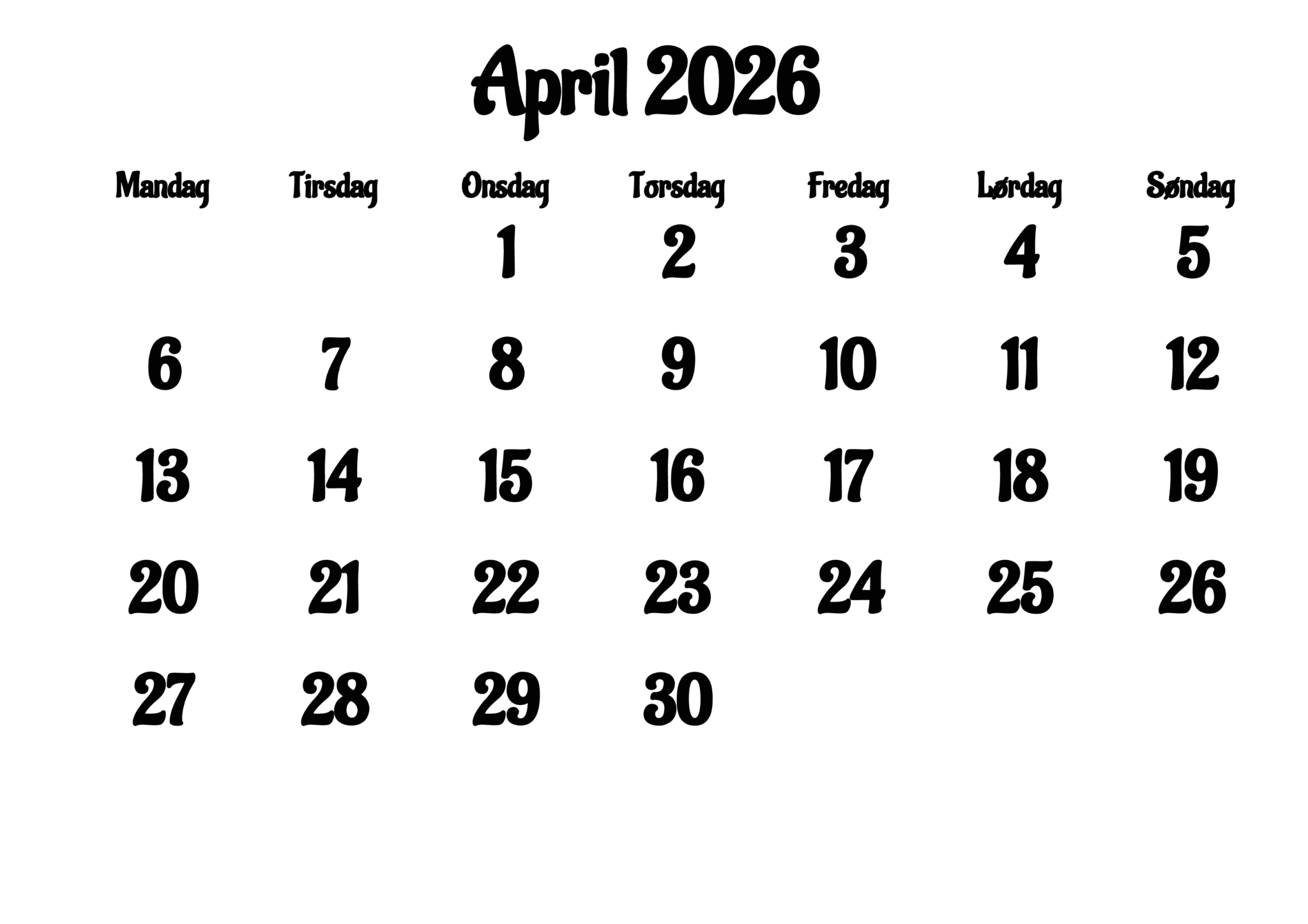 April 2026 Calendar Template