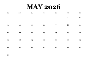 Free 2026 May Blank Calendar