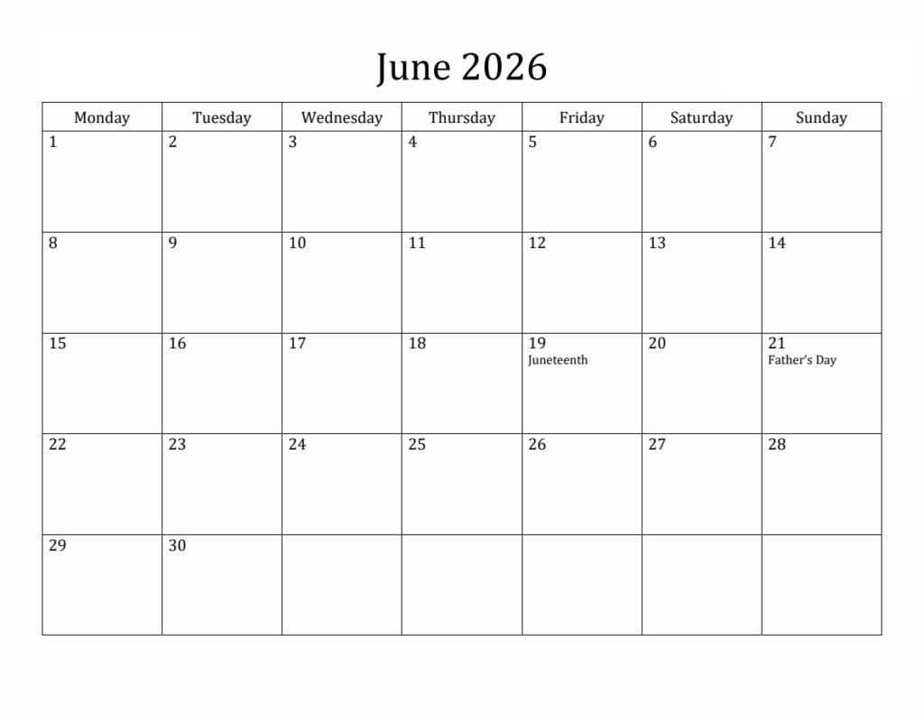 Free June 2026 Calendar Template